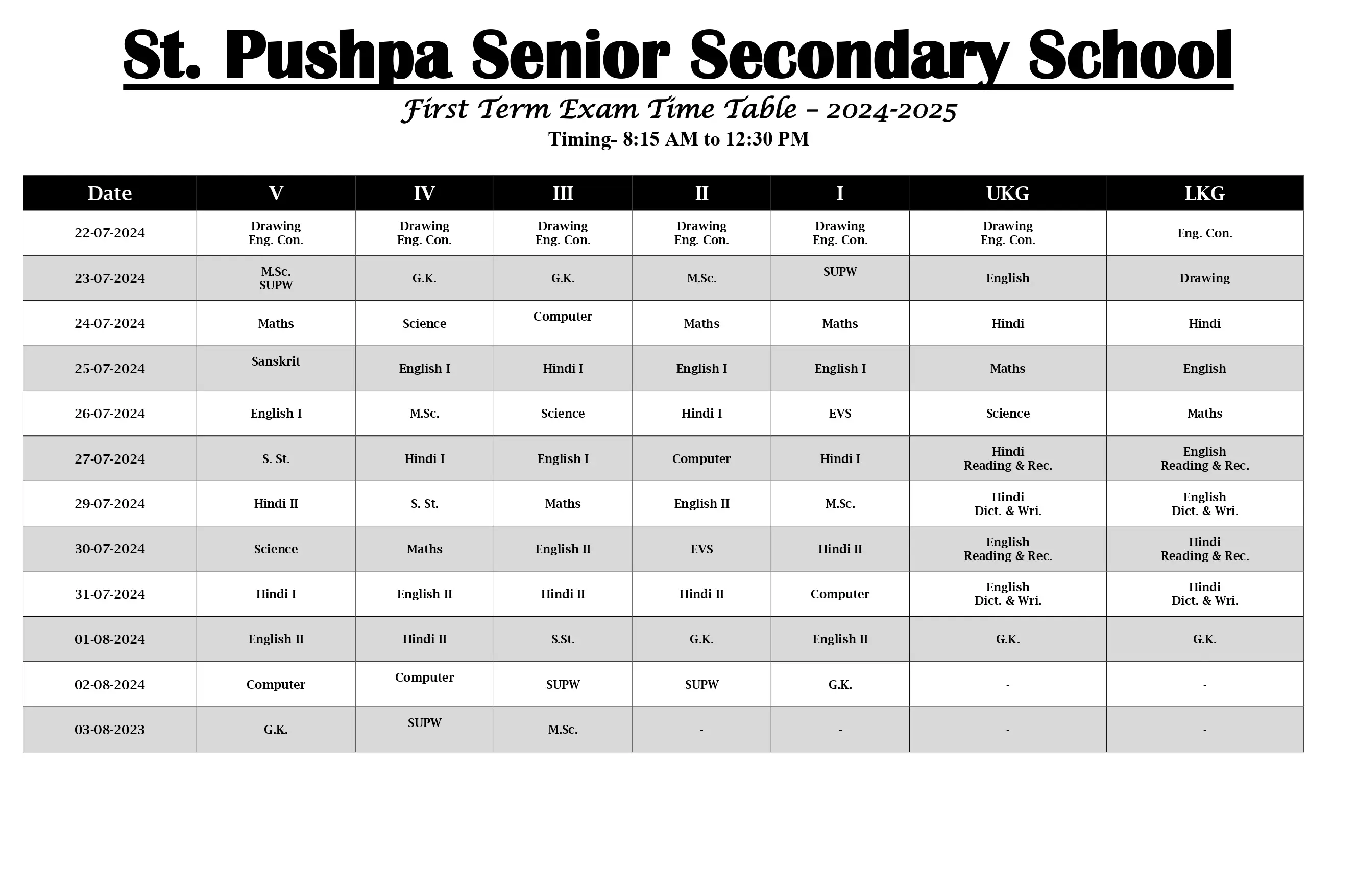 First Term Exam Time Table 2024-25 - LKG to V_page-0001